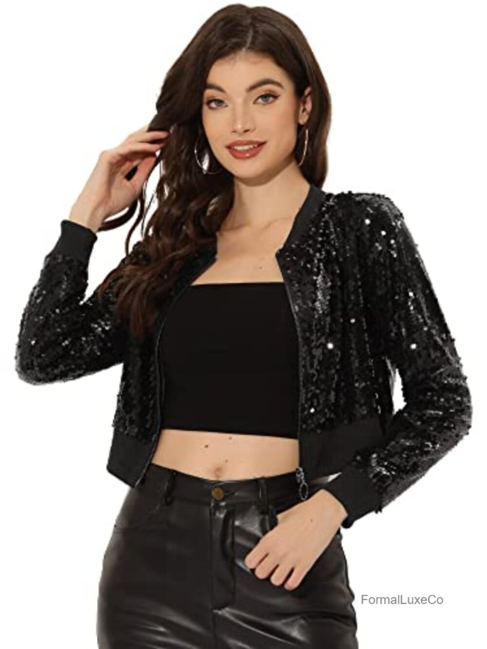 Cropped Sequin Bomber Jacket - Long Sleeve Glitter Sparkly Party Jacket